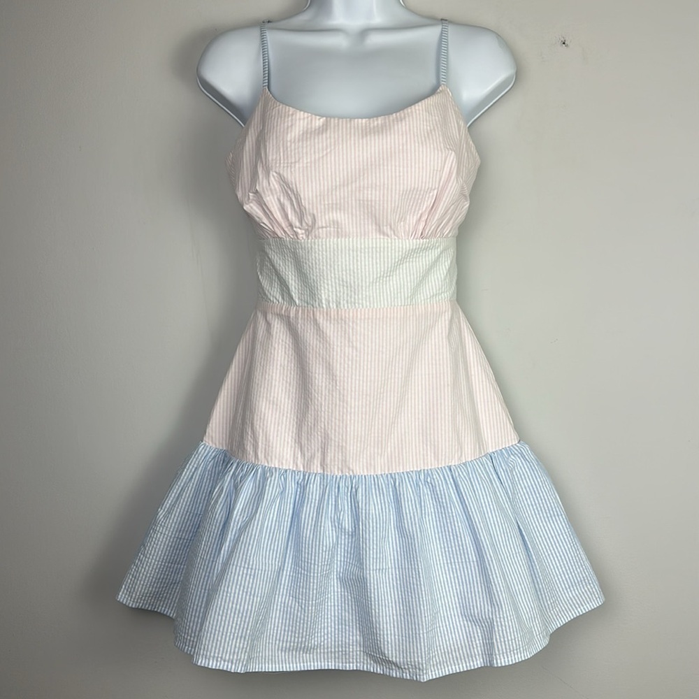 NEW Lovers + Friends Caesar Seersucker Mini Dress Bow Ties Small Cotton Summer - Picture 2 of 16